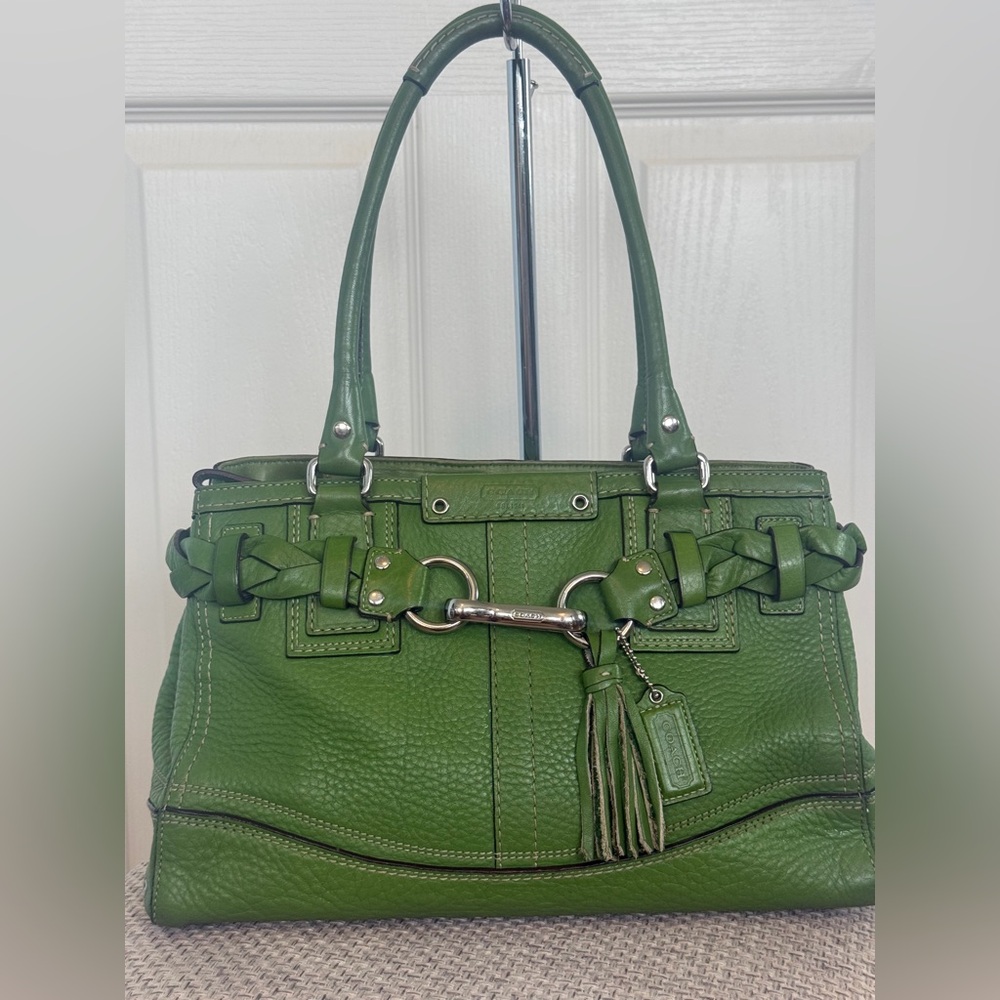 COACH HAMPTON PEBBLED LEATHER BRAIDED SATCHEL LIME GREEN #F13084